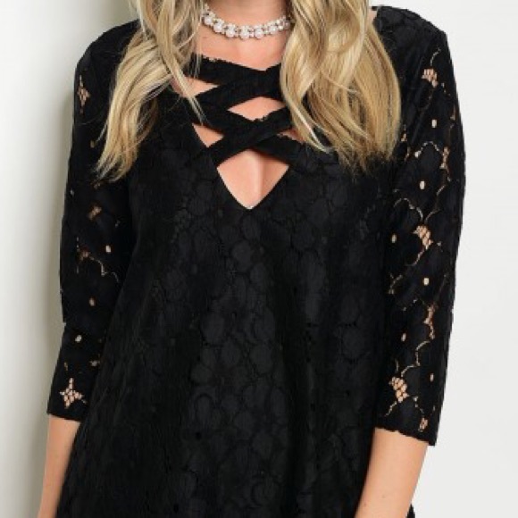 Black Crochet 3/4 Sleeve Shift Dress - Picture 4 of 6